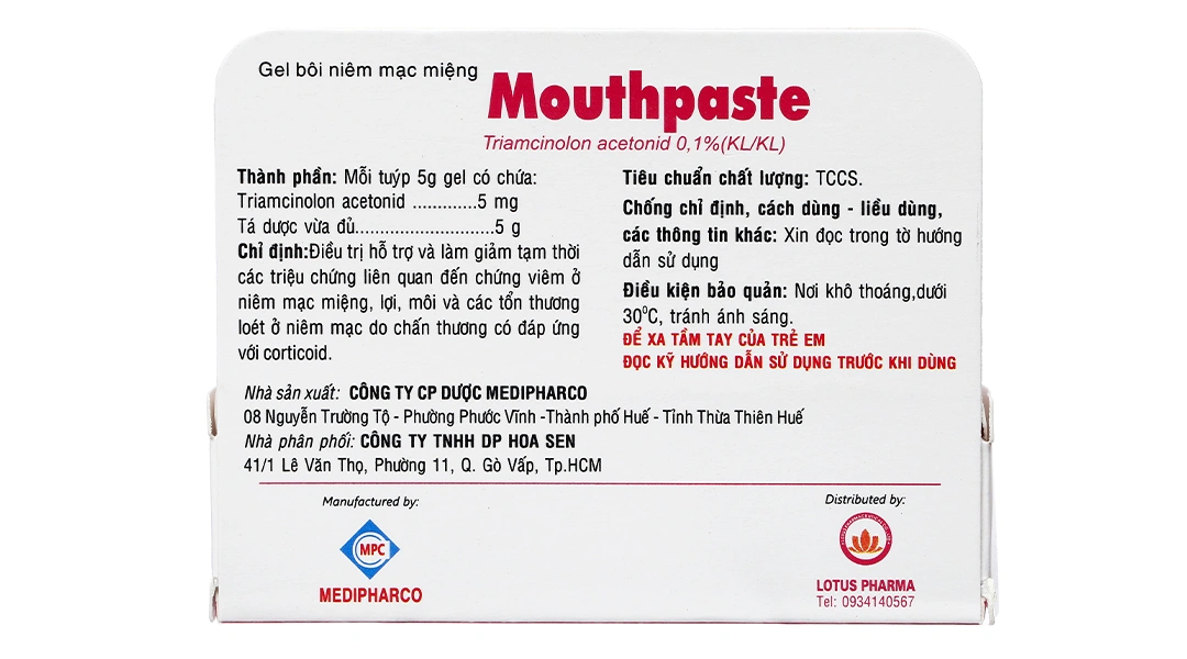 Gel bôi Mouthpaste 0.1% trị viêm ở niêm mạc miệng, lợi và môi tuýp 5g - 2