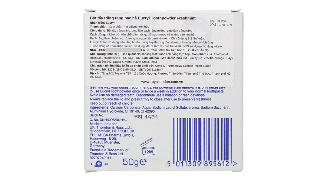 Bột đánh trắng răng Eucryl Toothpowder giúp răng sáng bóng, chắc khỏe hộp 50g - 1