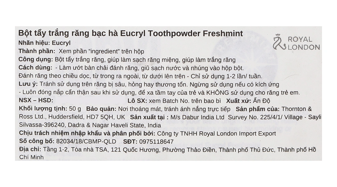 Bột đánh trắng răng Eucryl Toothpowder giúp răng sáng bóng, chắc khỏe hộp 50g - 3