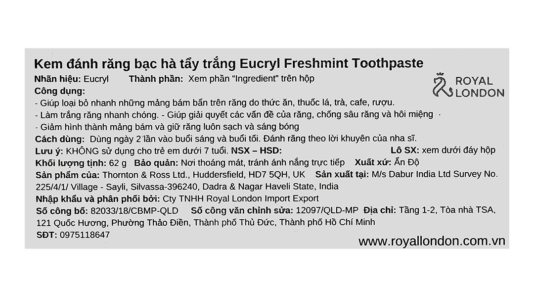 Kem đánh răng bạc hà Eucryl Toothpaste trắng răng, ngừa sâu răng tuýp 62g - 3