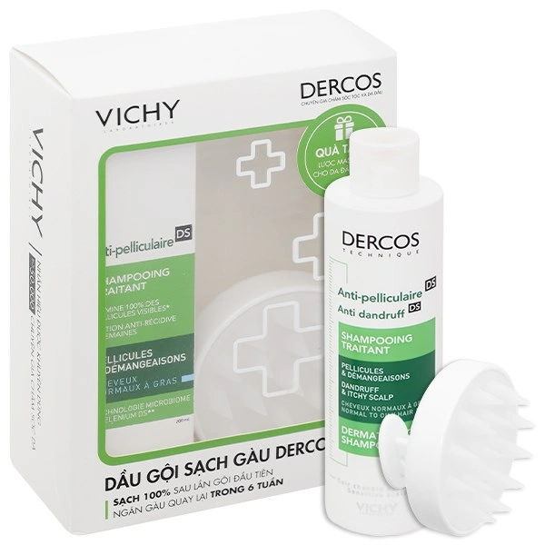 Combo dầu gội Vichy Dercos & lược massage giúp giảm gàu và ngứa cho da đầu chai 200ml - 