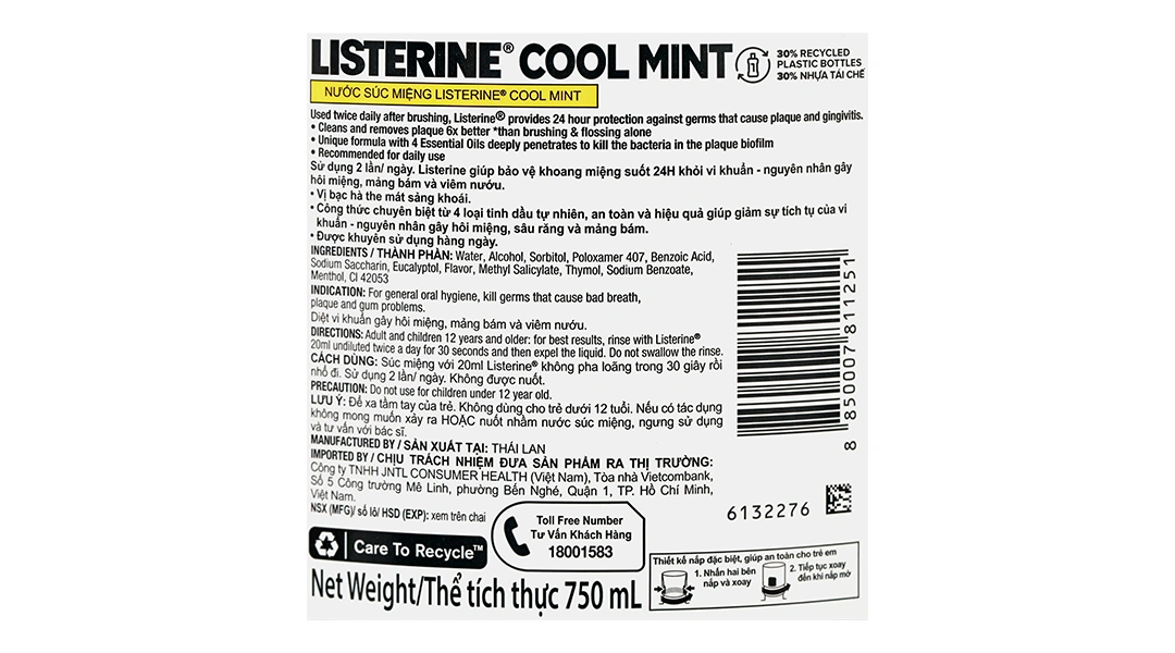 Nước súc miệng Listerine Cool Mint giúp hơi thở thơm mát chai 750ml - 3