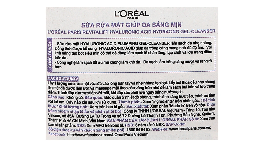 Sữa rửa mặt L'oreal Paris Revitalift Hyaluronic Acid cấp ẩm, mịn da tuýp 100ml - 2