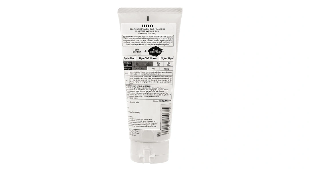 Sữa rửa mặt UNO Whip Wash Black than hoạt tính, sạch nhờn, ngừa mụn tuýp 130g - 1