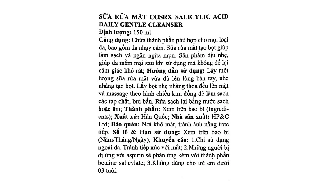 Sữa rửa mặt Cosrx Salicylic Acid Daily Gentle Cleanser ngừa mụn và bã nhờn tuýp 150ml - 3