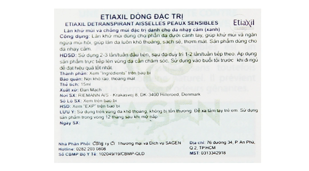 Lăn khử mùi Etiaxil giúp khử mùi hôi dưới cánh tay cho da nhạy cảm chai 15ml - 15