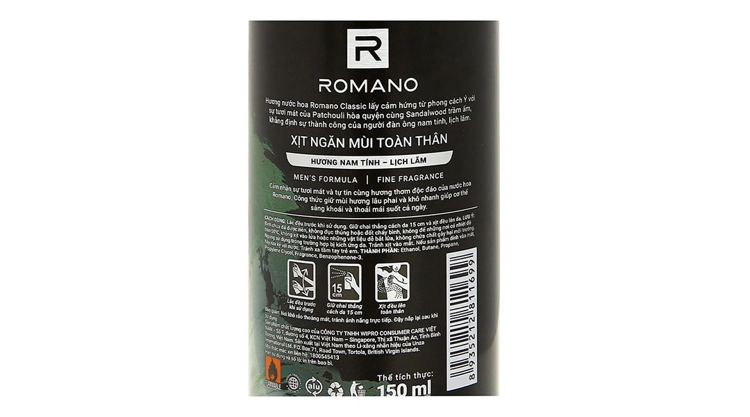 Xịt khử mùi Romano Classic ngăn mùi, kháng khuẩn chai 150ml - 2