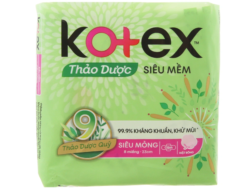 Băng vệ sinh Kotex thảo dược siêu mềm, siêu mỏng cánh gói 8 miếng - 