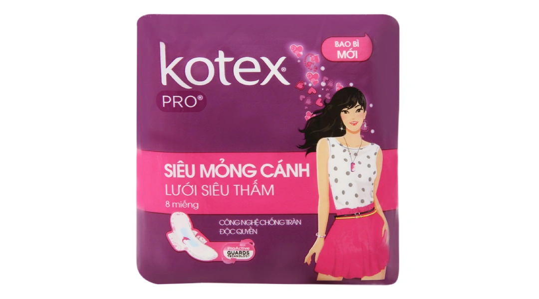 Băng vệ sinh Kotex Pro siêu mỏng cánh, lưới siêu thấm gói 8 miếng - 