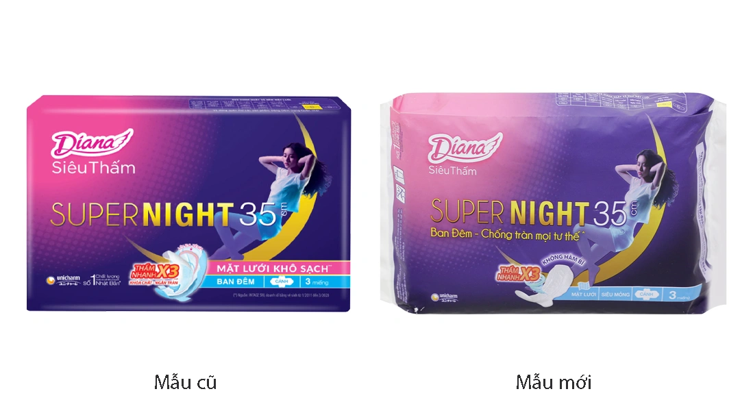 Băng vệ sinh ban đêm Diana mặt lưới siêu thấm, có cánh 35cm gói 3 miếng - 