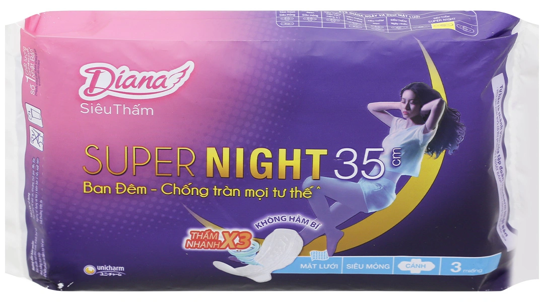 Băng vệ sinh ban đêm Diana mặt lưới siêu thấm, có cánh 35cm gói 3 miếng - 3