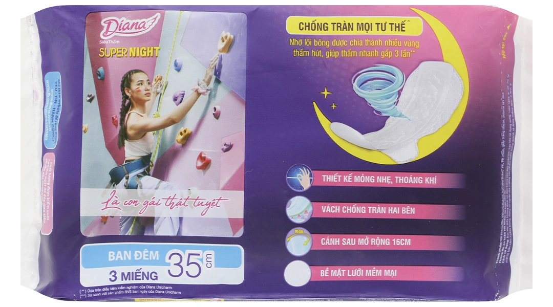 Băng vệ sinh ban đêm Diana mặt lưới siêu thấm, có cánh 35cm gói 3 miếng - 4