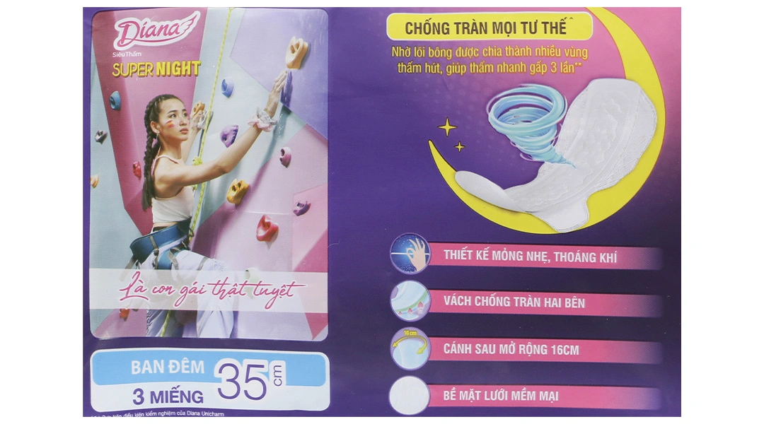 Băng vệ sinh ban đêm Diana mặt lưới siêu thấm, có cánh 35cm gói 3 miếng - 8