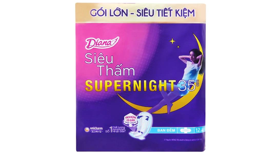 Băng vệ sinh ban đêm có cánh Diana siêu thấm chống tràn 35cm gói 12 miếng - 