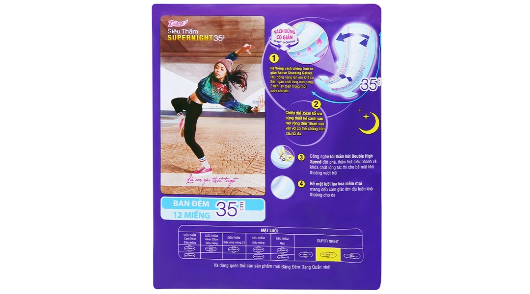 Băng vệ sinh ban đêm có cánh Diana siêu thấm chống tràn 35cm gói 12 miếng - 1