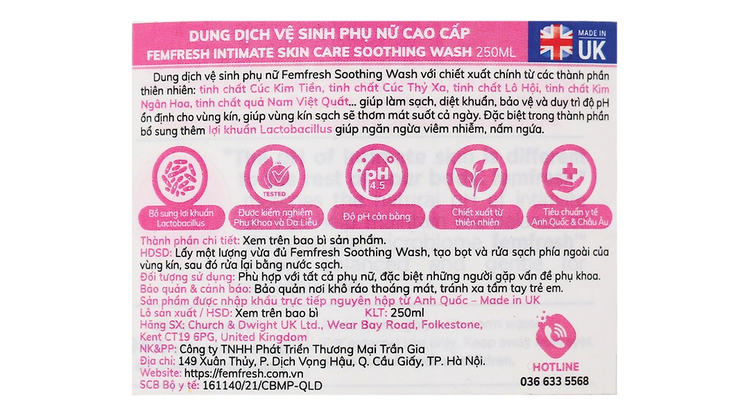 Dung dịch vệ sinh phụ nữ Femfresh Soothing Wash làm sạch, diệt khuẩn chai 250ml - 2
