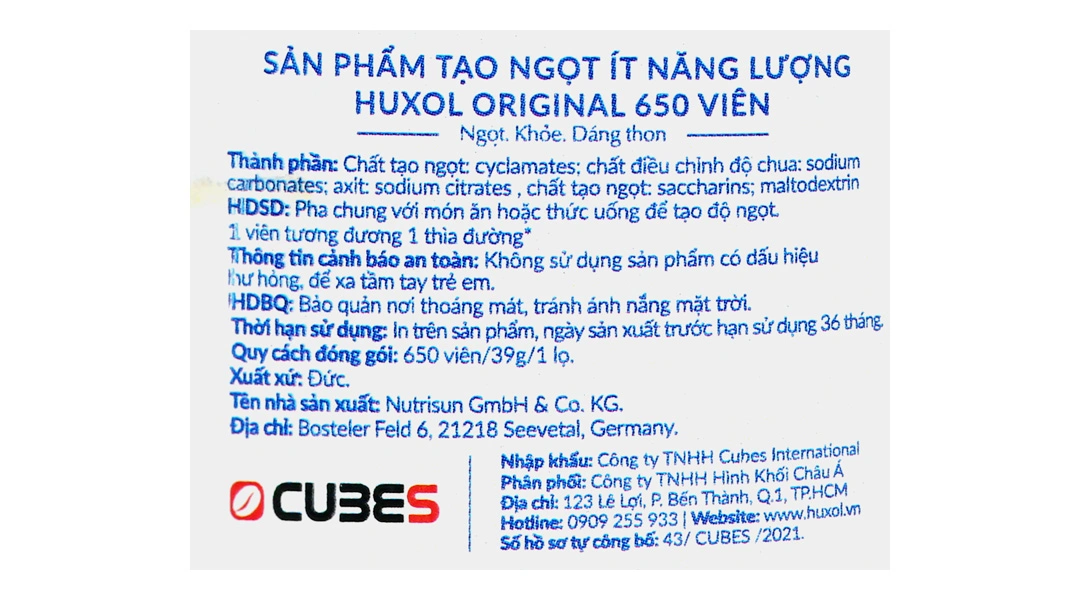 Đường Ăn Kiêng Huxol Original hộp 650 Viên - 2