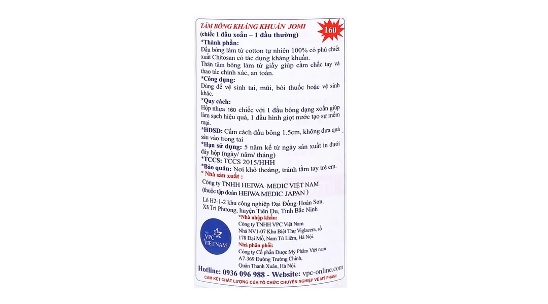 Tăm bông kháng khuẩn Jomi đầu tròn và xoắn hủ 160 que - 2