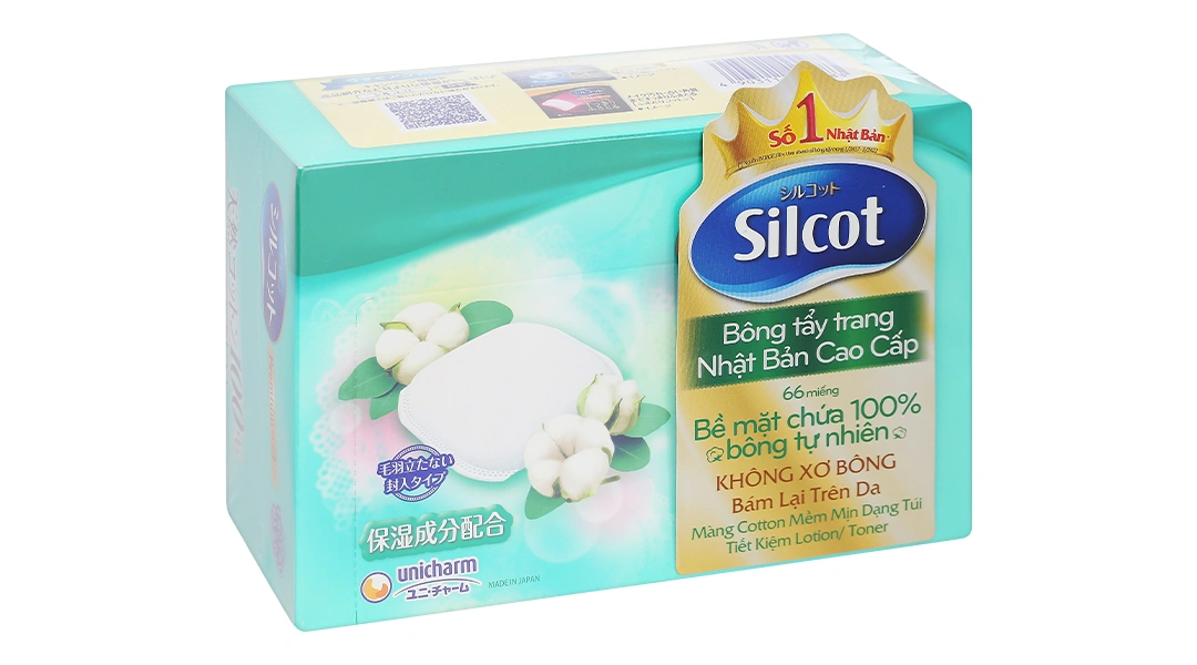 Bông tẩy trang Unicharm Silcot cao cấp mềm xốp, êm ái hộp 66 miếng - 1
