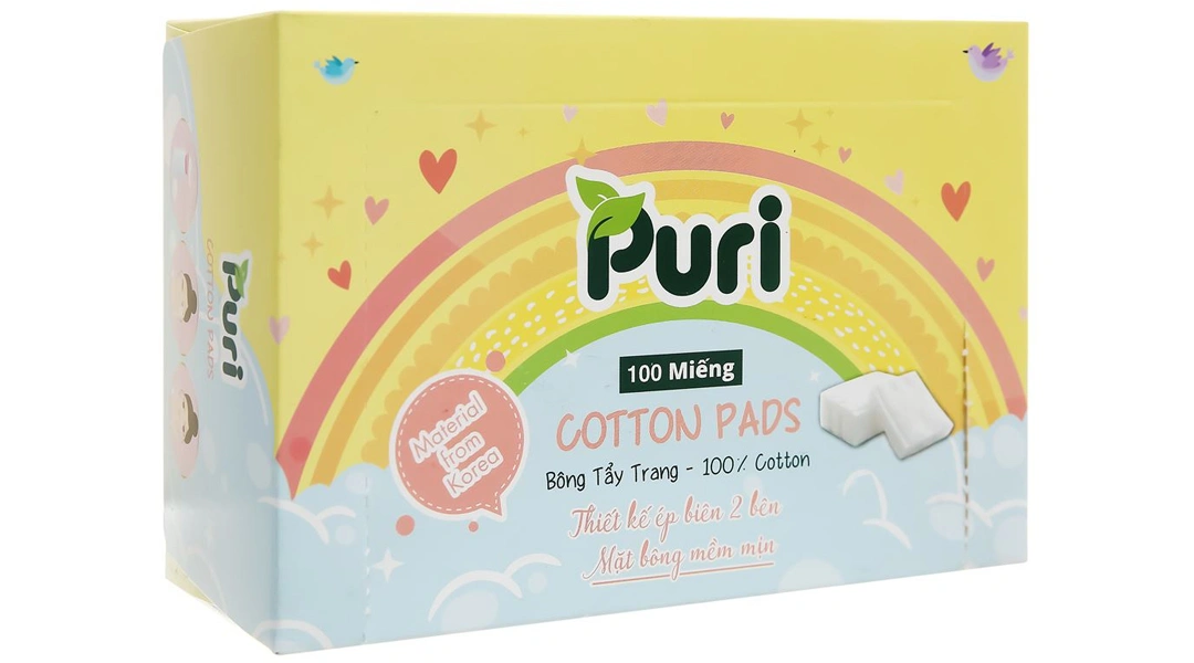 Bông tẩy trang Puri mặt bông mềm mịn dạng vuông hộp 100 miếng - 