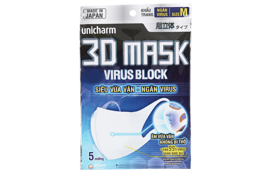 Khẩu trang y tế Unicharm 3D Mask Virus Block 3 lớp màu trắng gói 5 cái - 
