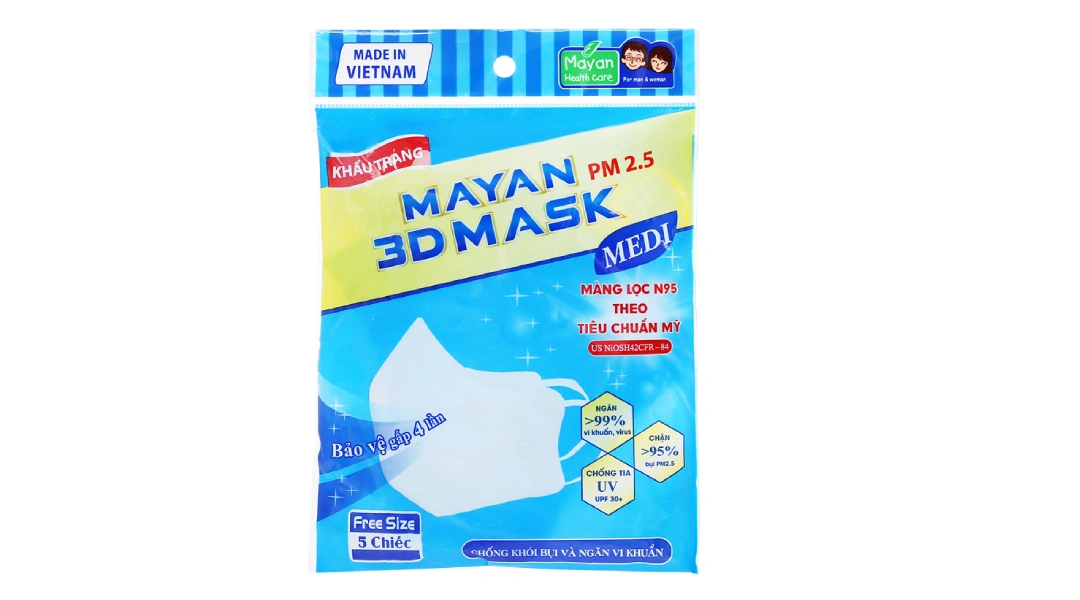 Khẩu trang y tế Mayan PM 2.5 3D Mask 4 lớp màu trắng size M gói 5 cái - 