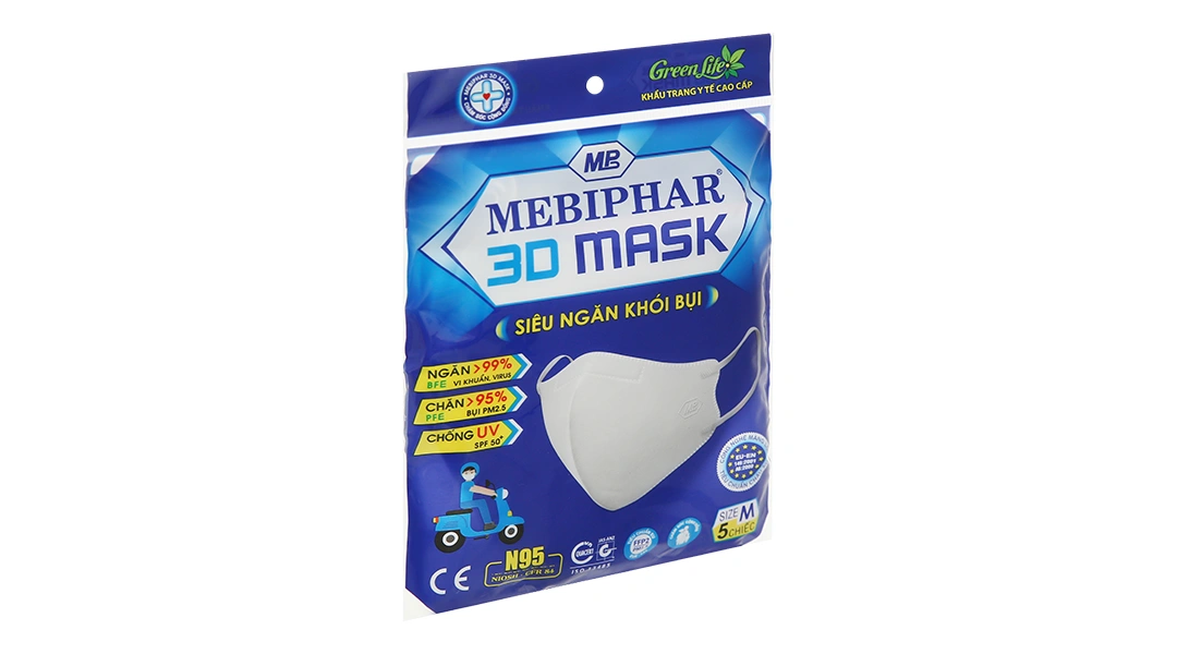 Khẩu trang y tế Mebiphar 3D Mask N95 màu trắng size M gói 5 cái - 