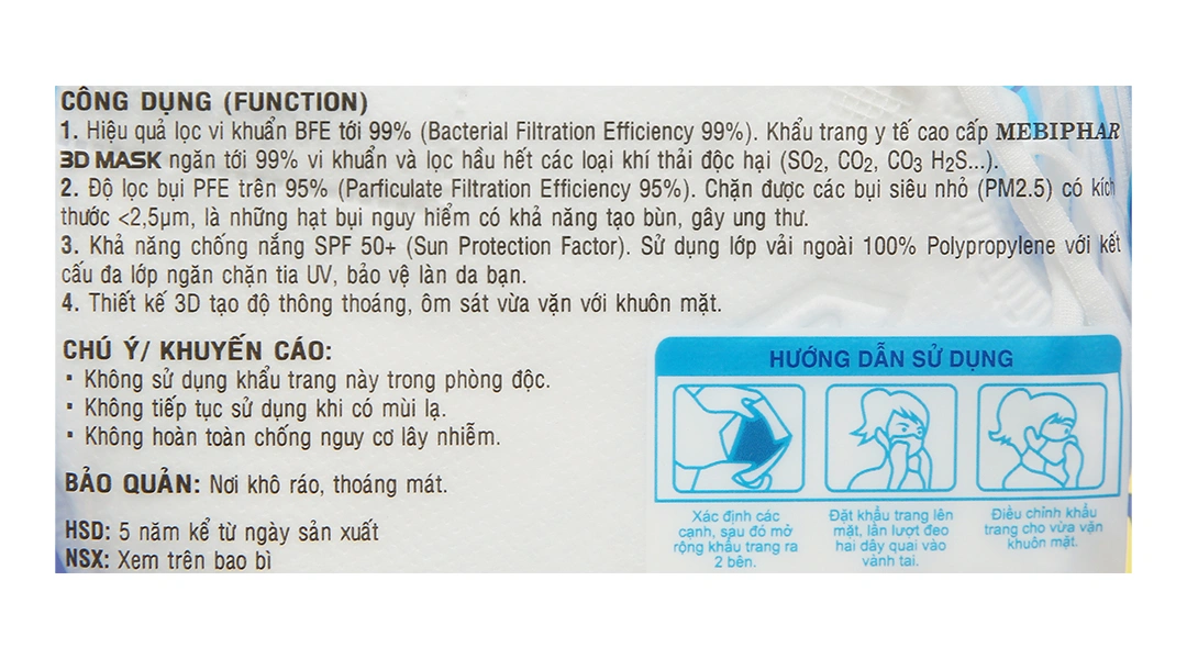Khẩu trang y tế Mebiphar 3D Mask N95 màu trắng size M gói 5 cái - 6