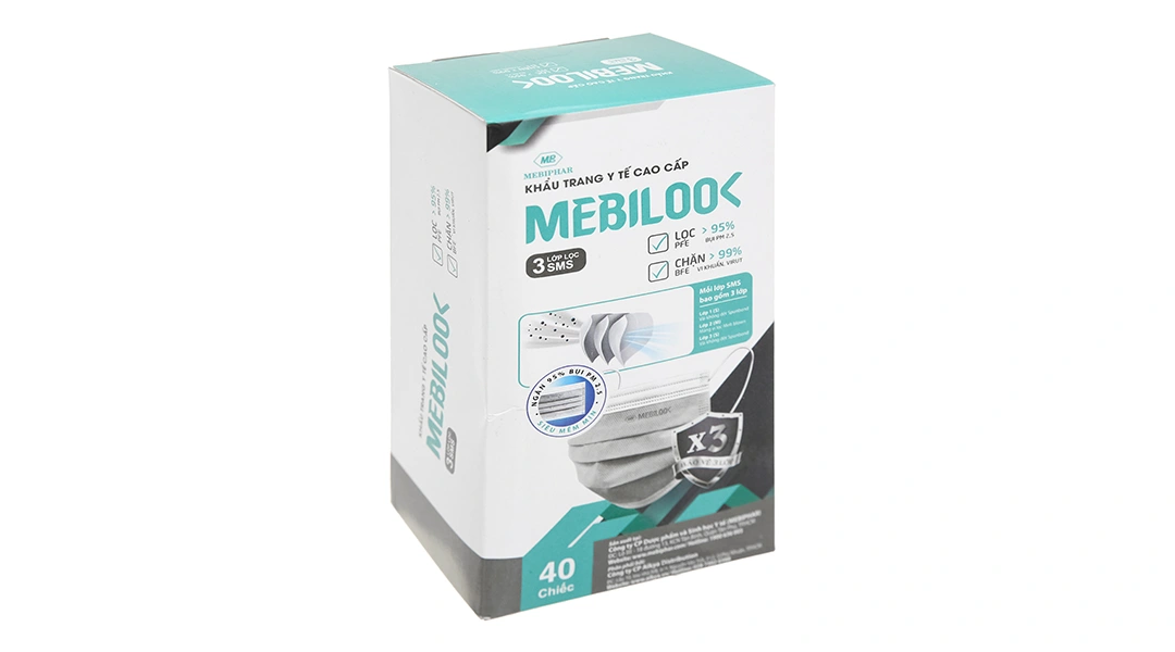 Khẩu trang y tế Mebilook 3 lớp màu trắng hộp 40 cái - 