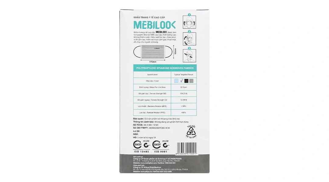 Khẩu trang y tế Mebilook 3 lớp màu trắng hộp 40 cái - 2