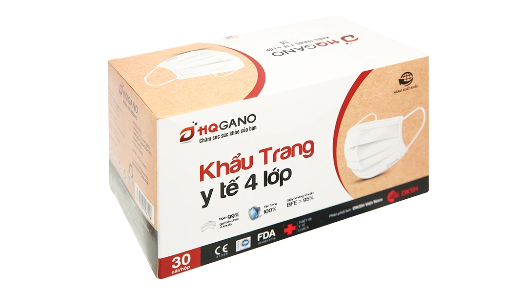 Khẩu trang y tế HQGano 4 lớp màu trắng hộp 30 cái - 