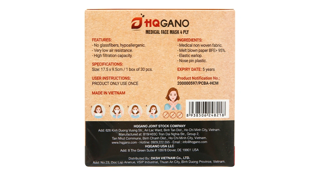 Khẩu trang y tế HQGano 4 lớp màu trắng hộp 30 cái - 3