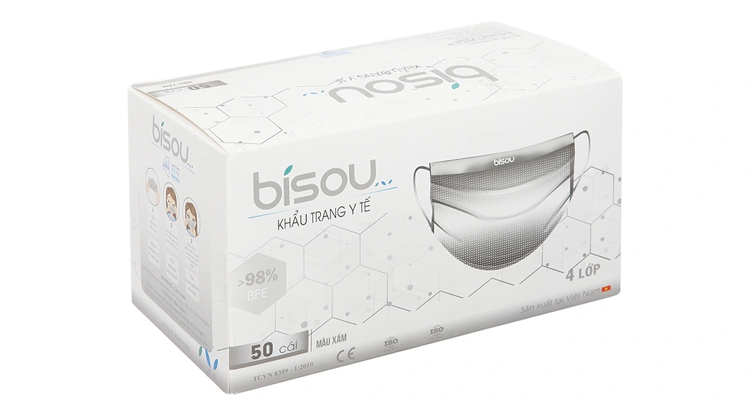 Khẩu trang y tế Bísou 4 lớp màu xanh hộp 50 cái - 12