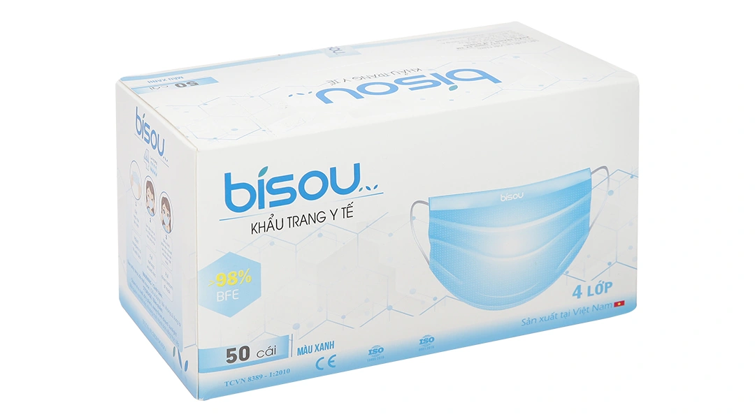 Khẩu trang y tế Bísou 4 lớp màu xanh hộp 50 cái - 