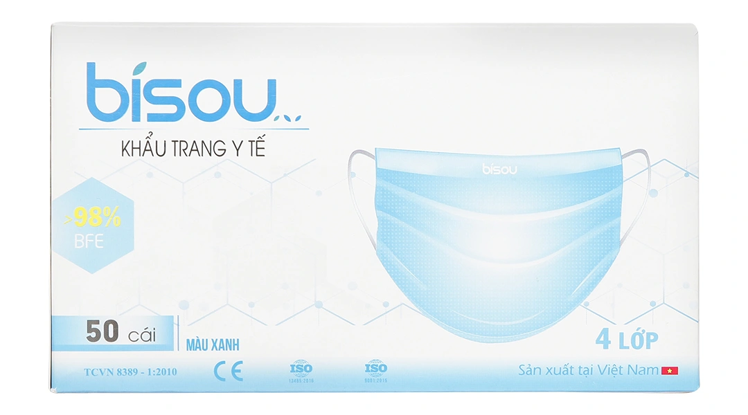 Khẩu trang y tế Bísou 4 lớp màu xanh hộp 50 cái - 1