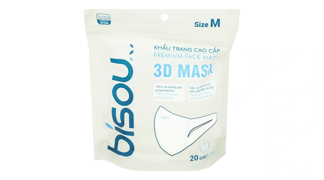 Khẩu trang y tế Bísou 3D Mask màu trắng size M gói 20 cái - 