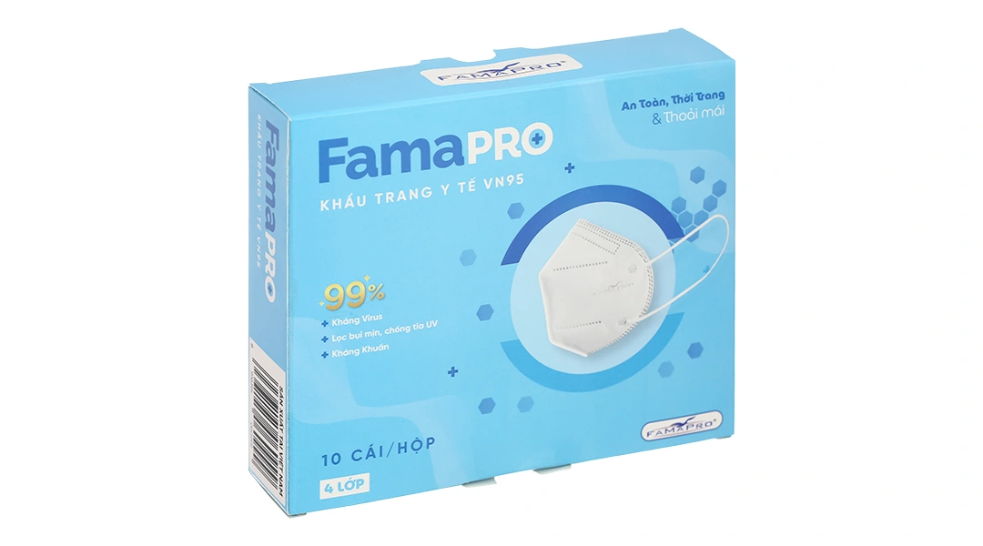 Khẩu trang y tế Famapro VN95 4 lớp màu trắng hộp 10 cái - 