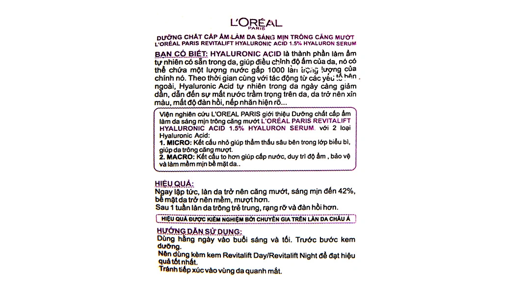 Serum L'Oréal Paris Revitalift Hyaluronic Acid 1.5% cấp ẩm và làm sáng da chai 30ml - 6