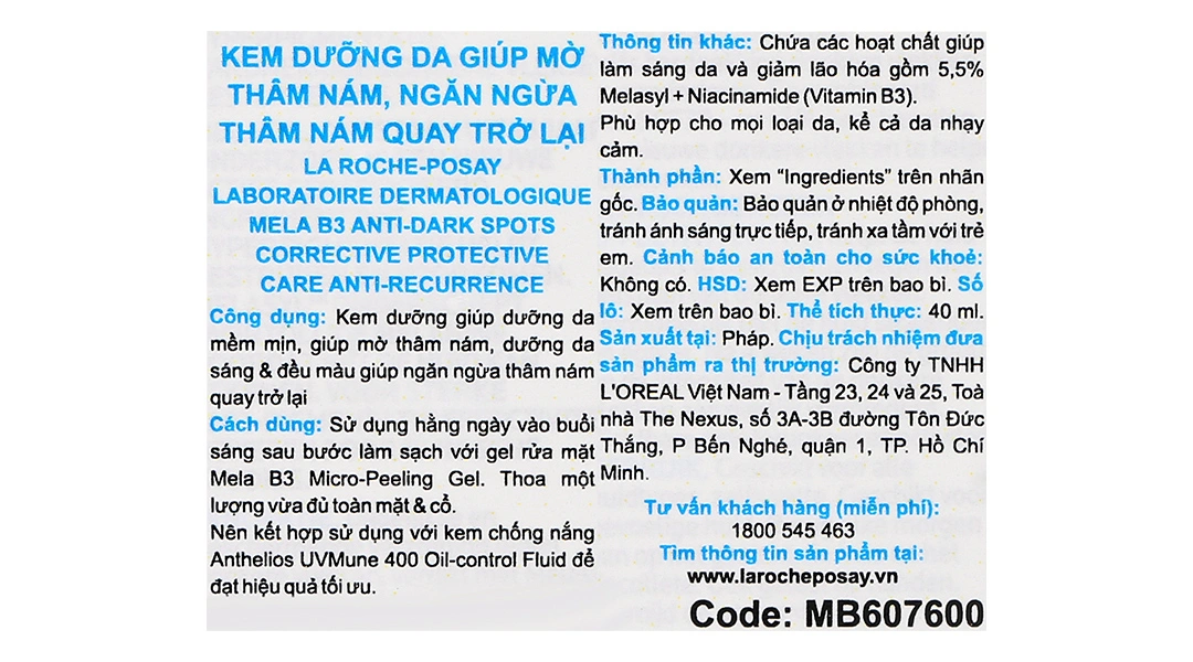 Kem dưỡng La Roche Posay Mela B3 dưỡng sáng da, mờ thâm nám tuýp 40ml - 4