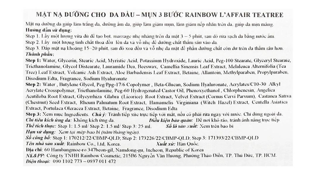 Mặt nạ Rainbow L'affair Ac-Dressing 3 bước cho da nhạy cảm miếng 28ml - 10