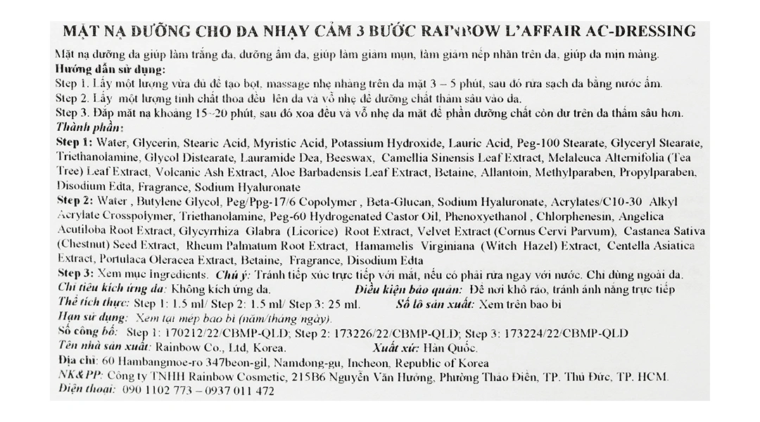 Mặt nạ Rainbow L'affair Ac-Dressing 3 bước cho da nhạy cảm miếng 28ml - 2