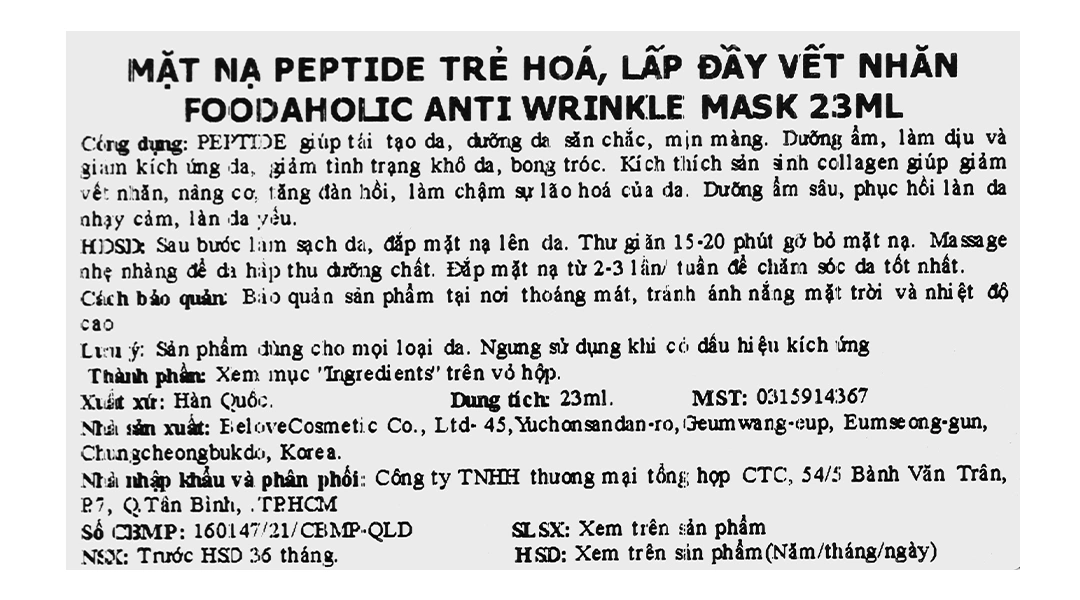 Mặt nạ Foodaholic Peptide Anti Wrinkle trẻ hóa, lấp đầy nếp nhăn miếng 23ml - 2