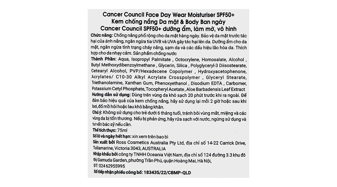 Kem chống nắng Cancer Council Moisturiser SPF50+ dưỡng ẩm, bảo vệ da tuýp 75ml - 3