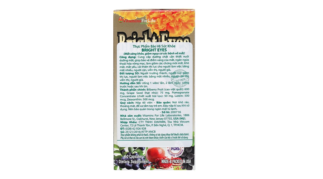 Viên Uống Bổ Mắt Vitamins For Life Bright Eye hộp 60 viên - 1