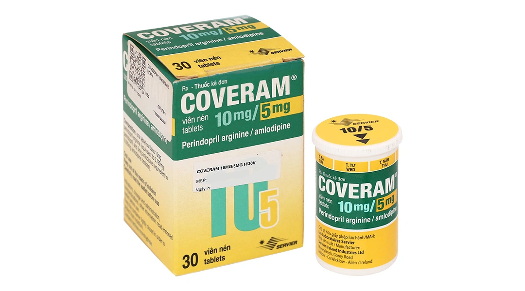 Coveram 10mg/5mg trị tăng huyết áp, mạch vành lọ 30 viên - 