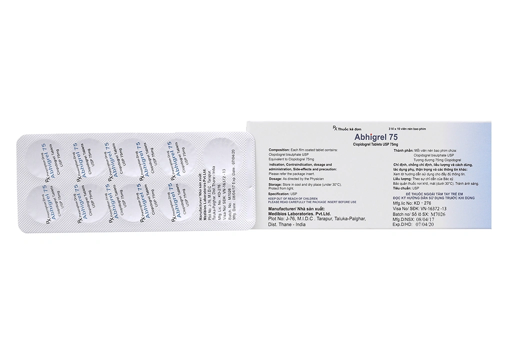 Abhigrel 75 phòng và trị huyết khối (3 vỉ x 10 viên) - 1