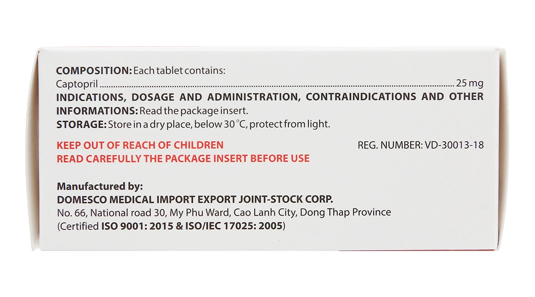 Captopril Domesco 25mg trị tăng huyết áp, suy tim (10 vỉ x 10 viên) - 2