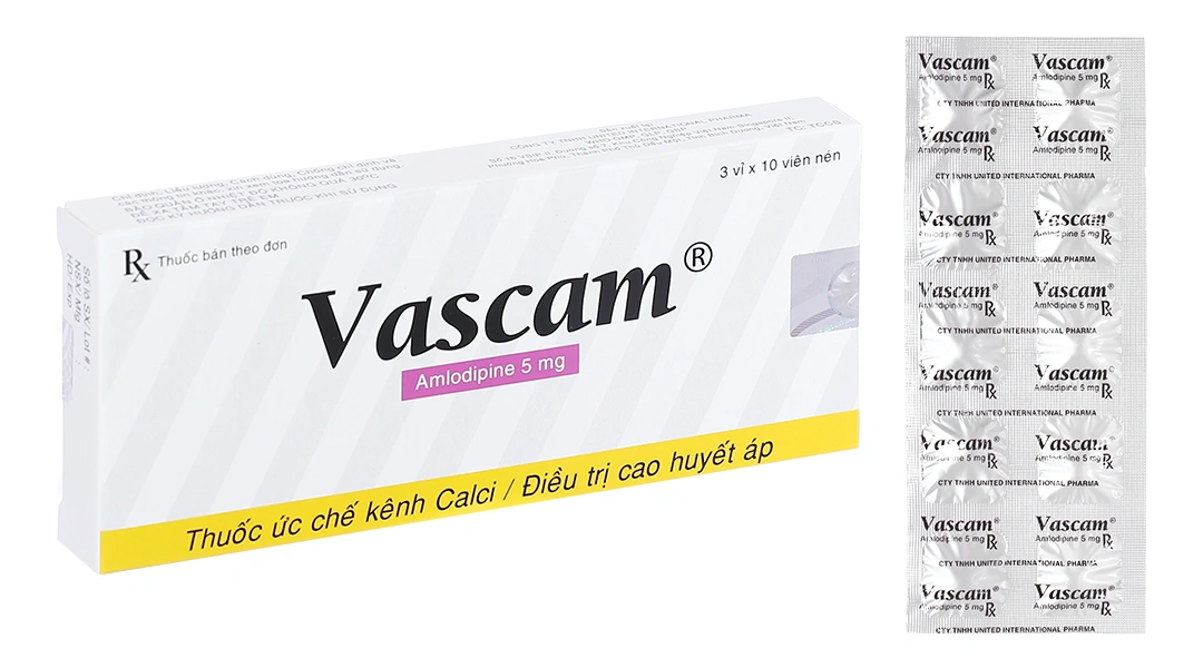 Vascam 5mg trị tăng huyết áp, đau thắt ngực (3 vỉ x 10 viên) - 