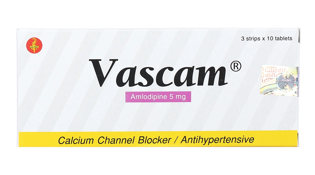 Vascam 5mg trị tăng huyết áp, đau thắt ngực (3 vỉ x 10 viên) - 1