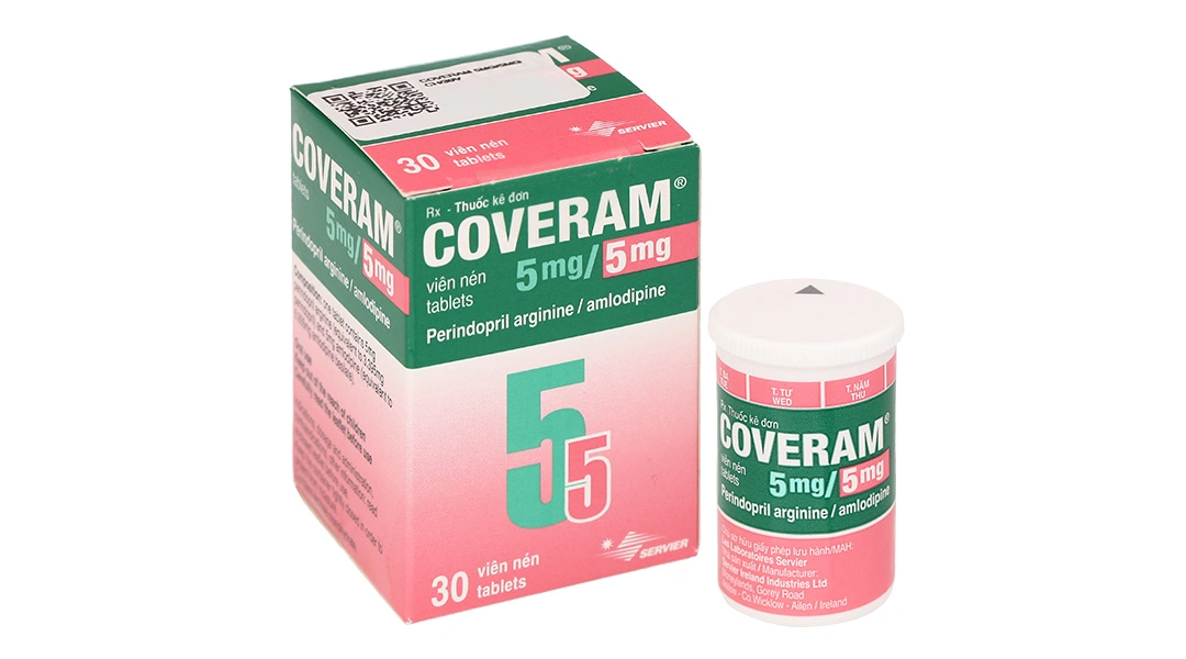 Coveram 5mg/5mg trị tăng huyết áp, mạch vành lọ 30 viên - 1